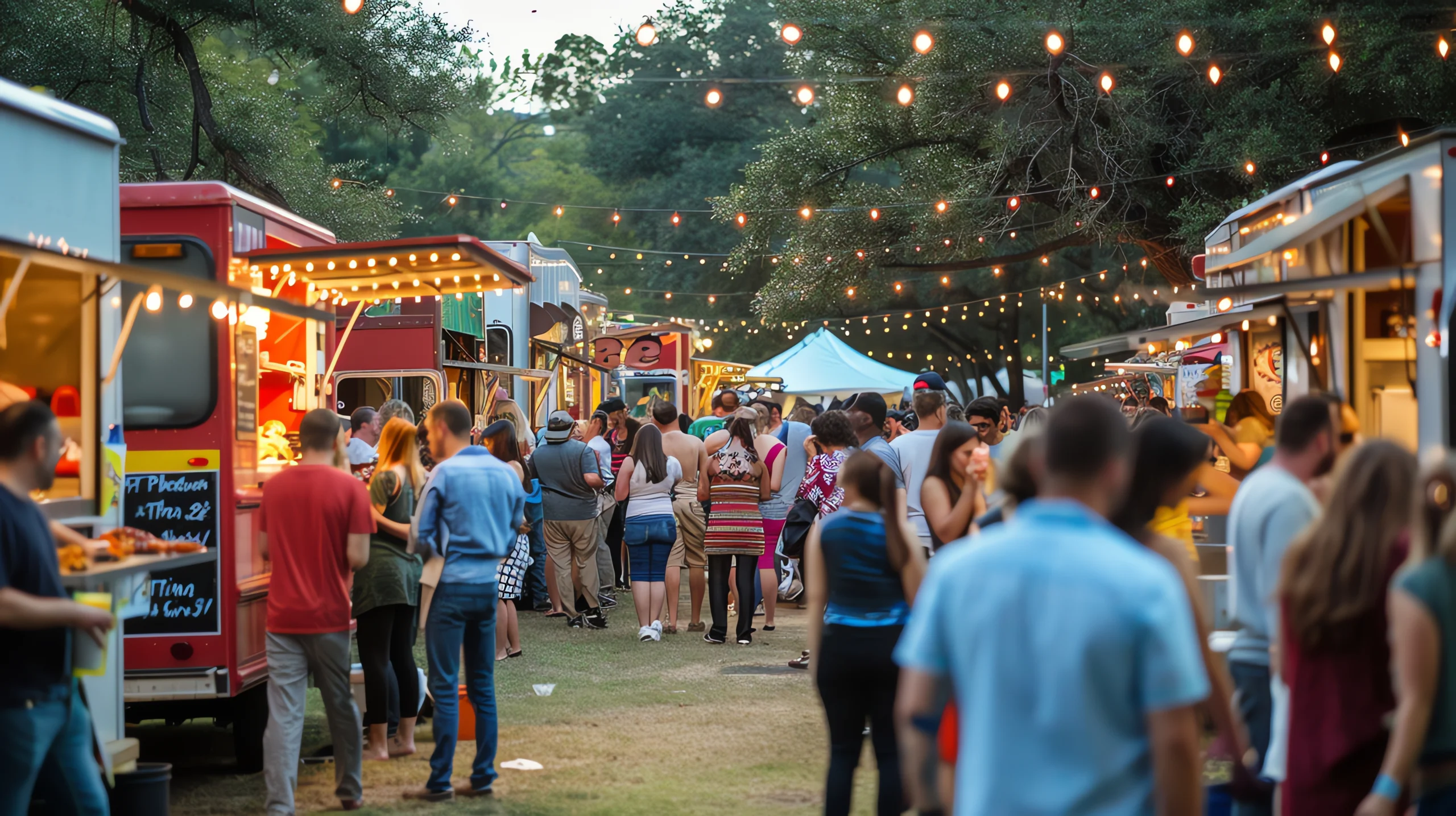 Busy outdoor event with stalls and attendees walking on grass under lights