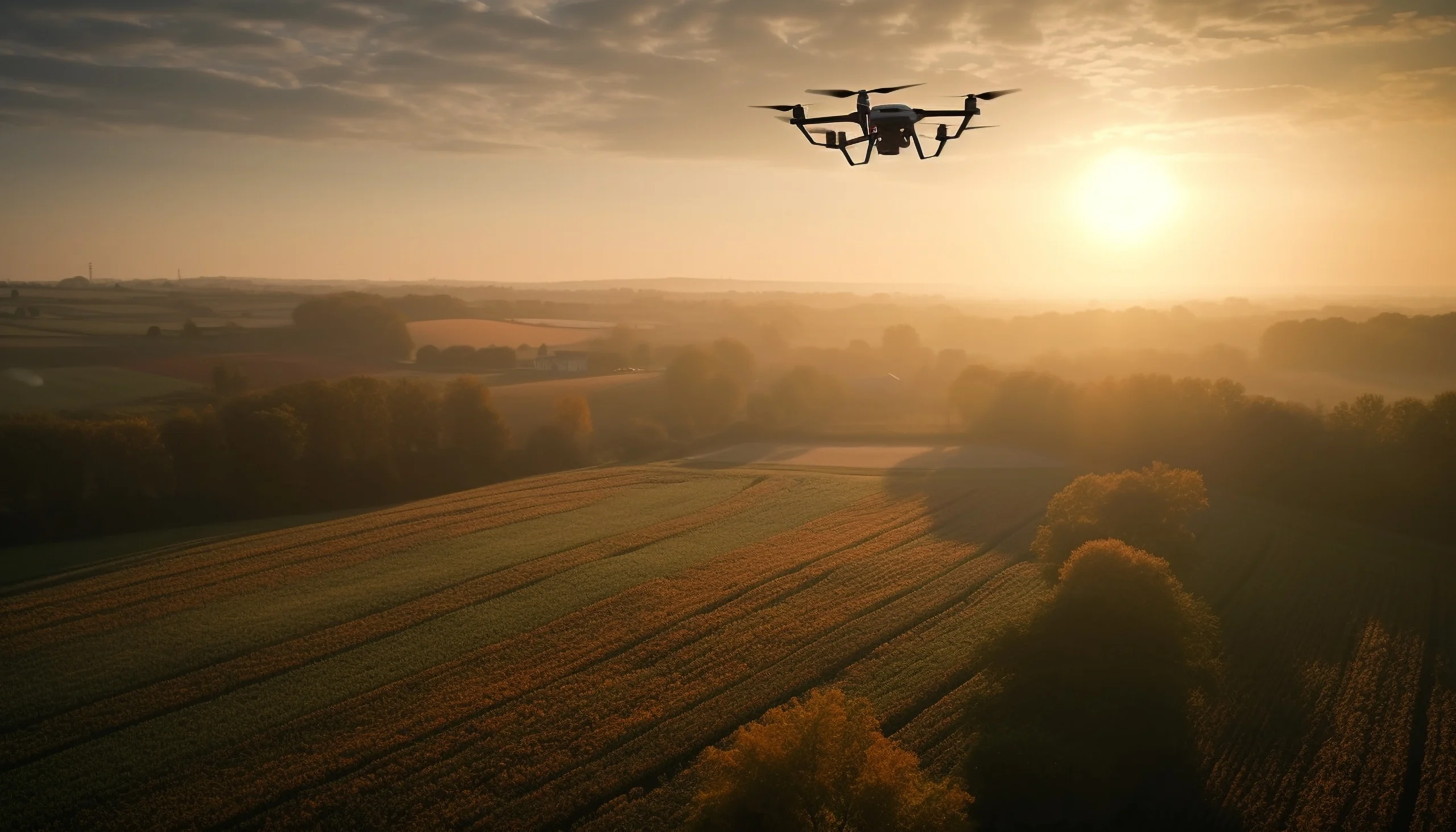 Security drone conducting a patrol across farmland as the sun starts to set