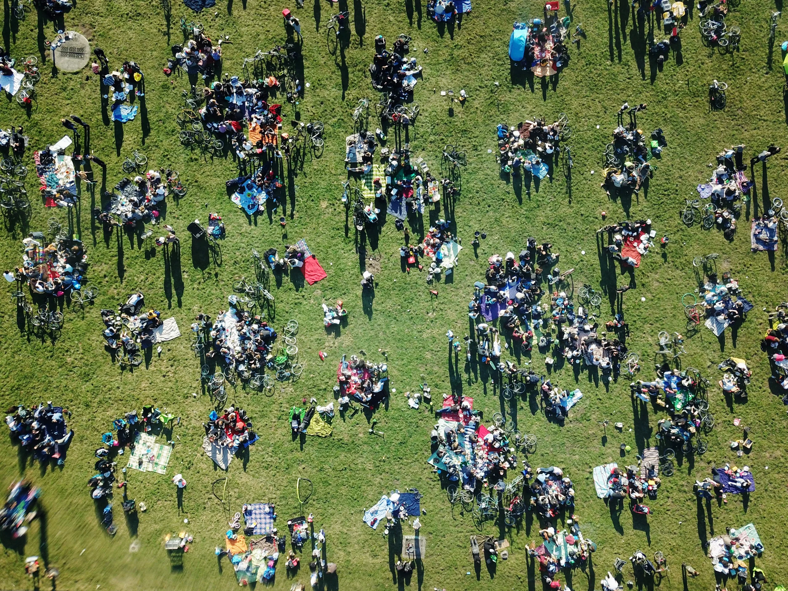 Photo taken from drone of event attendees sat on the grass