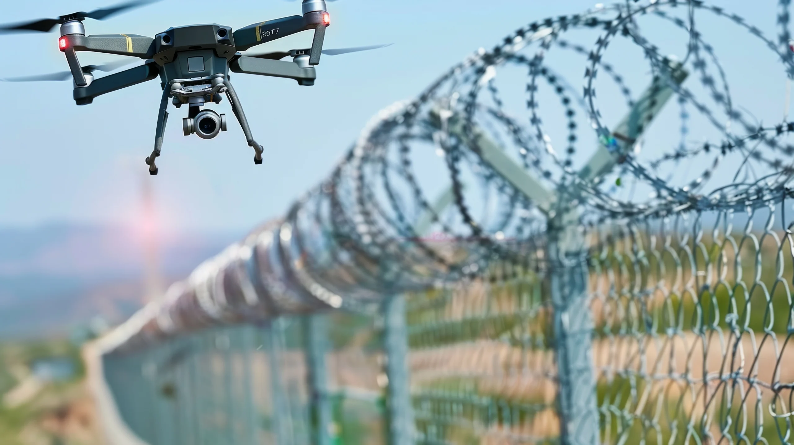 A security drone flying across site perimeter next to fence during aerial patrol
