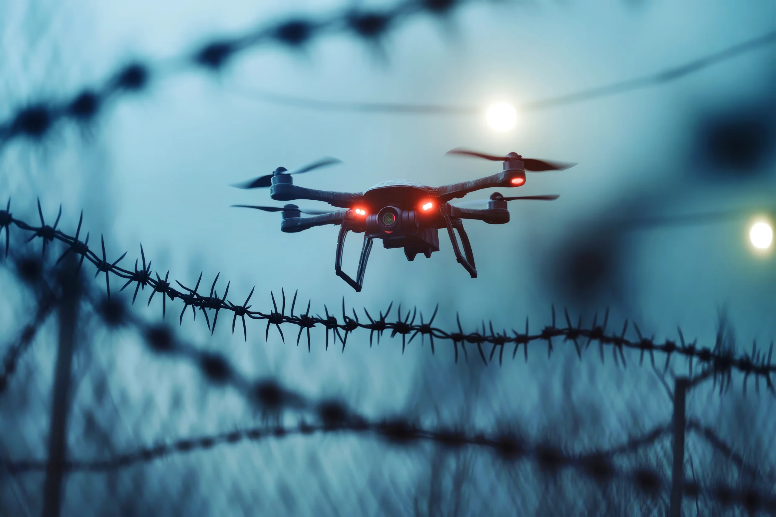 A night drone flying in the early morning hours along a barbed fence with misty lights in the background