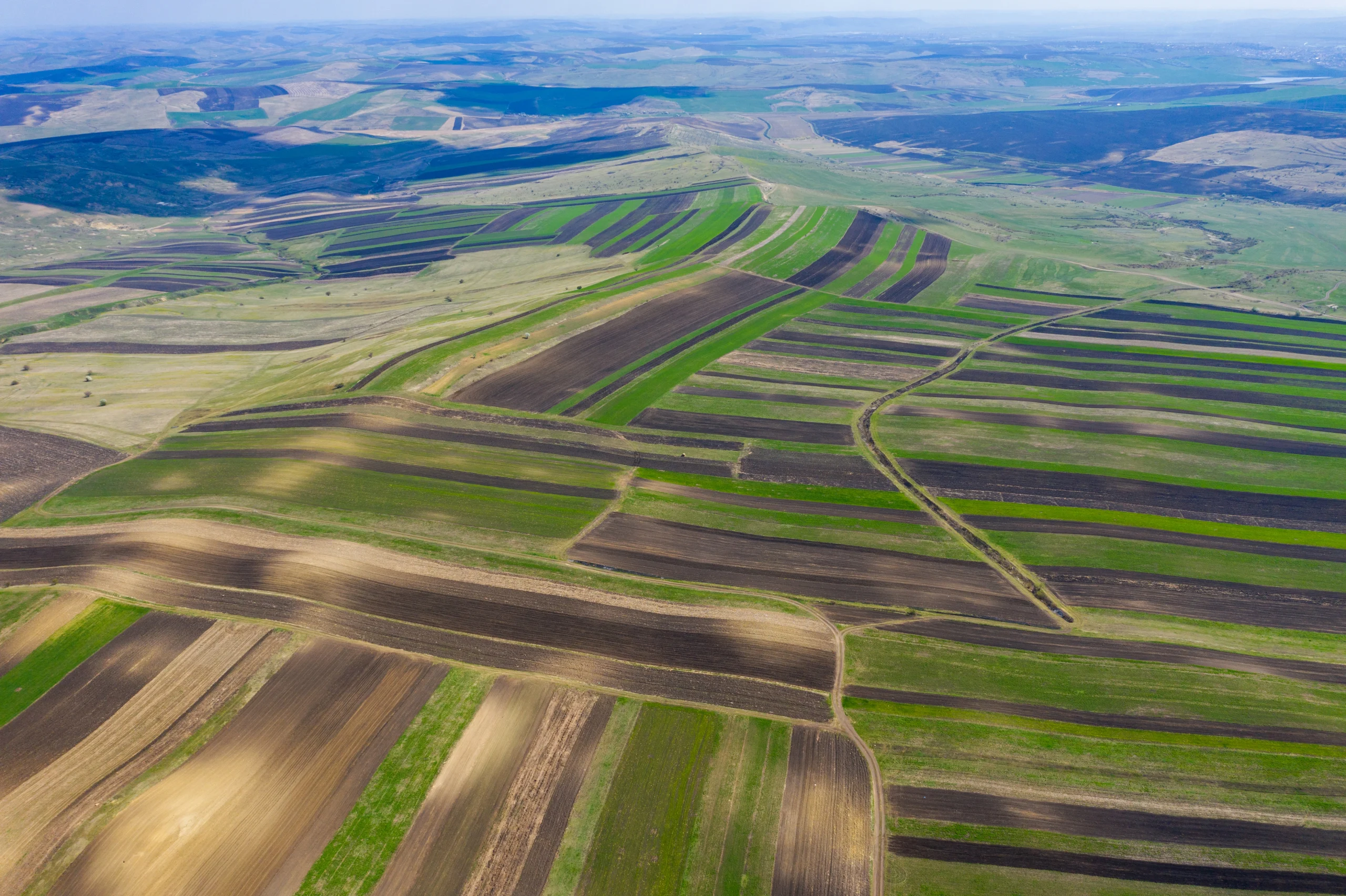 Drone view of farmland fields of various colors during midday 