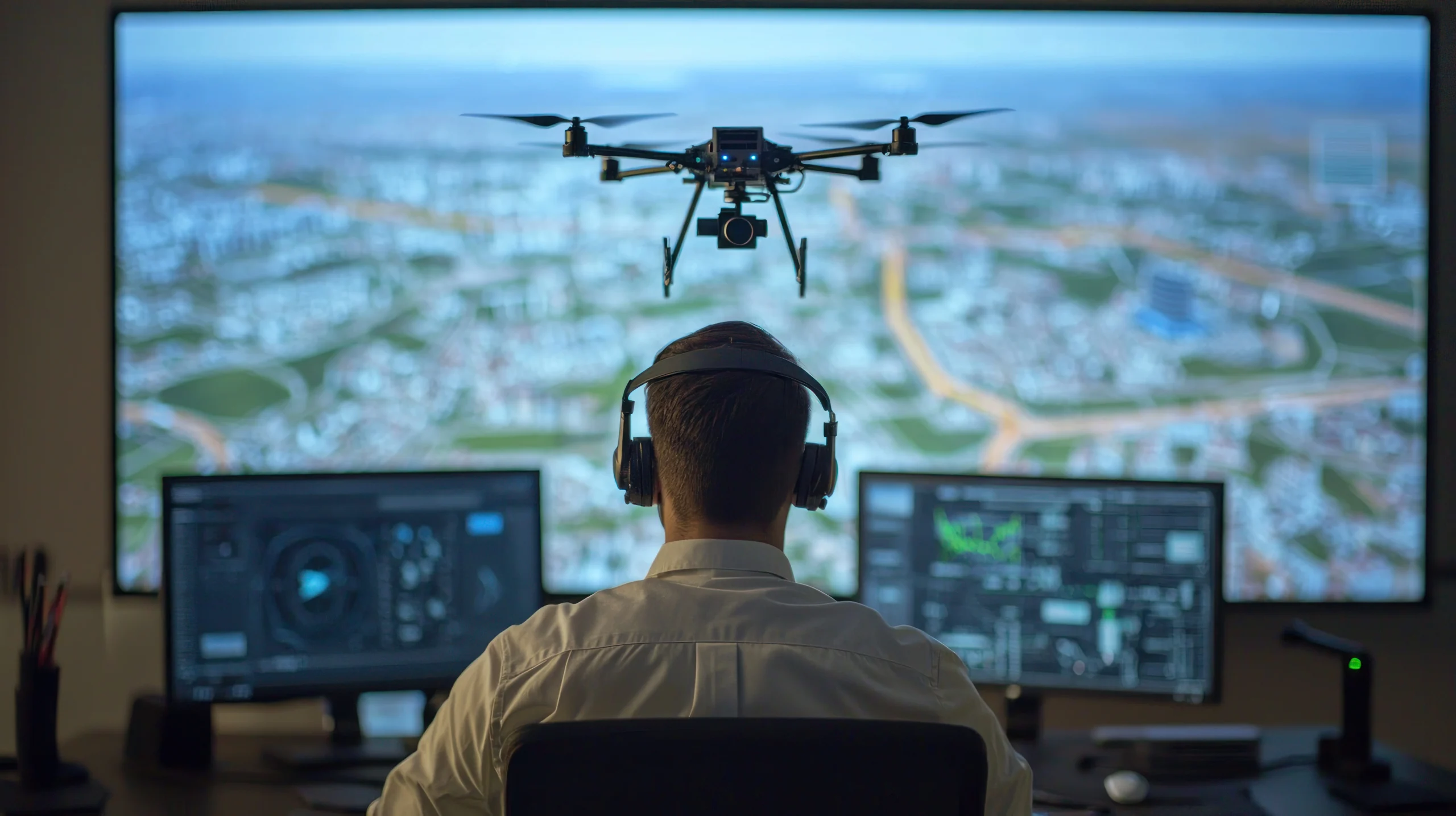 Drone operator sitting in front of screens with drone and live drone footage