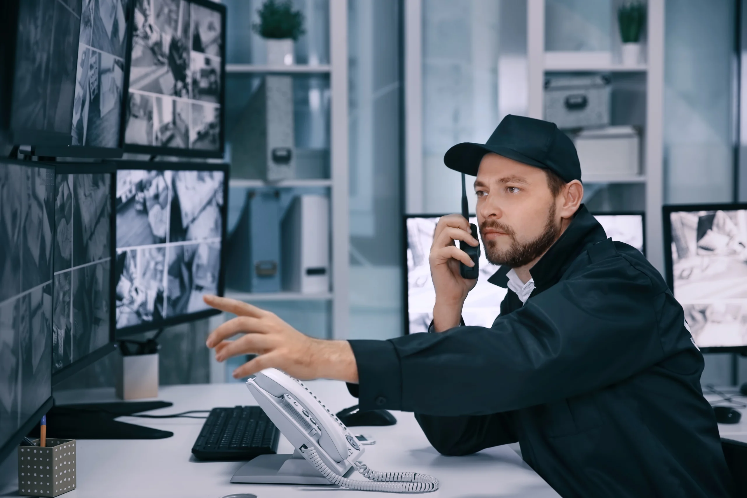 Security guard watching surveillance footage on several screens while talking on the radio