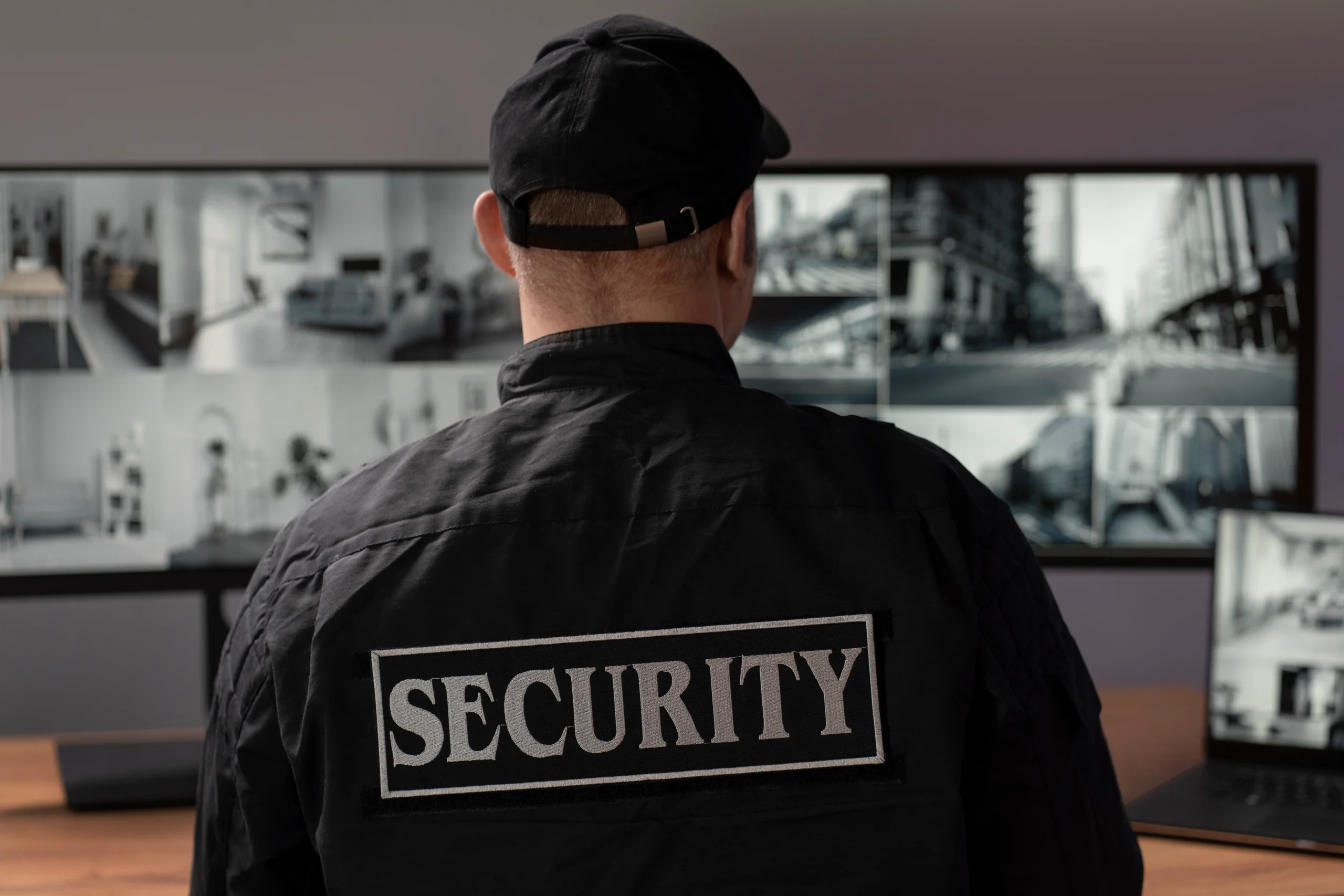 Back view of security guard in uniform looking at screens showing security footage